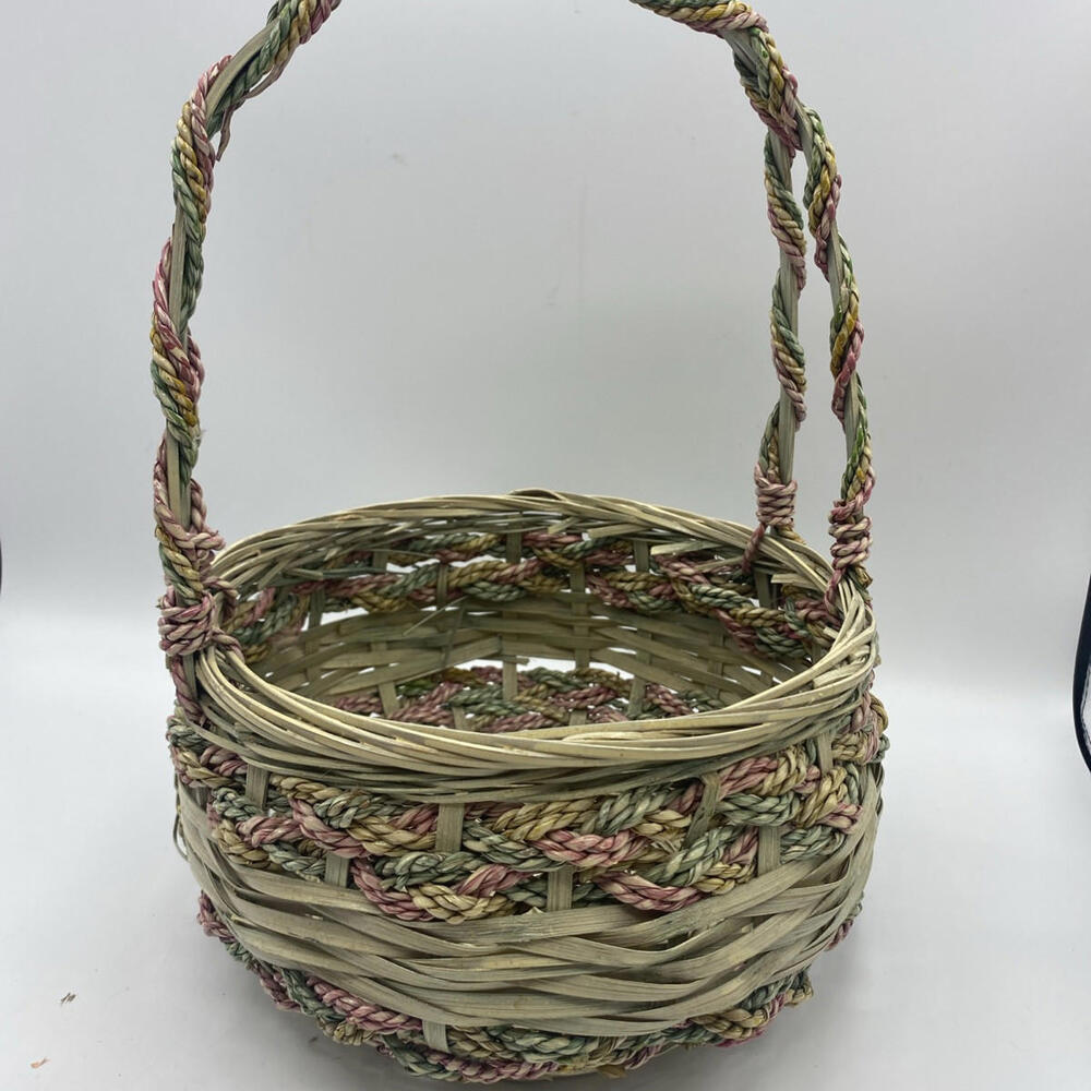 Vintage Easter Basket Woven Twisted Rope Wicker Round Pink Blue - Picture 4 of 7